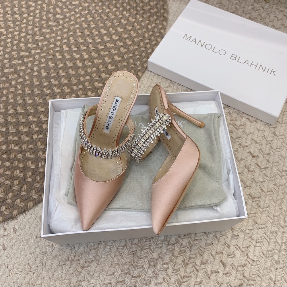 Manolo Blahnik Blush Pink Satin Pointed Crystal-Embellished Mule - Picture 2 of 8